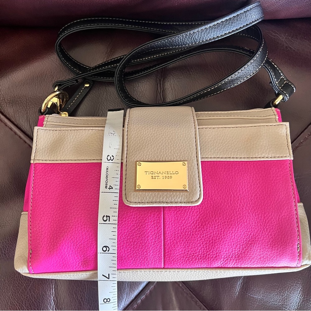 Tignanello Hot Pink Beige Black Leather Crossbody Clutch Handbag - Picture 13 of 17